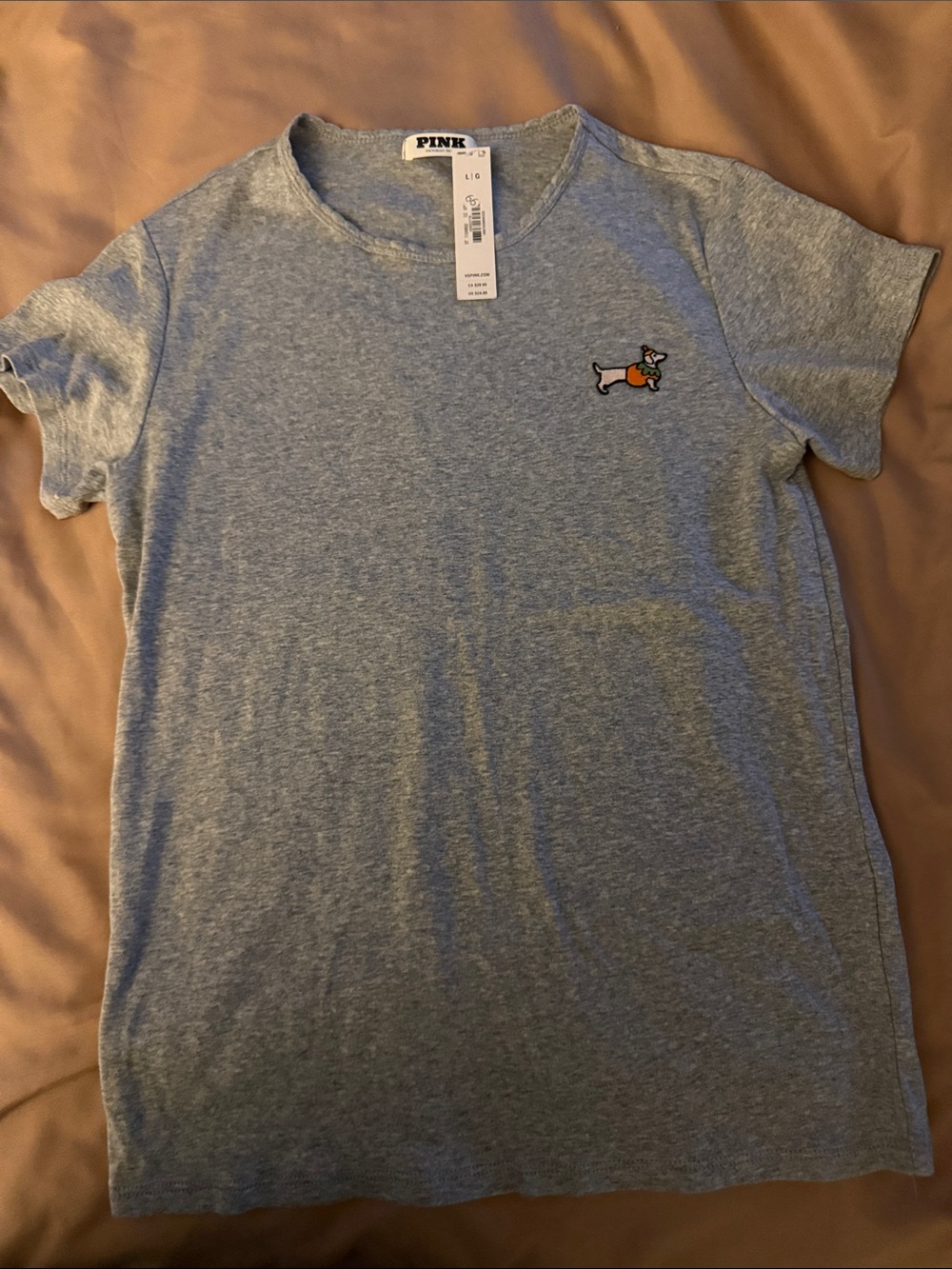 PINK Victoria's Secret Gray Short Sleeve Tee with Embroidered Dog